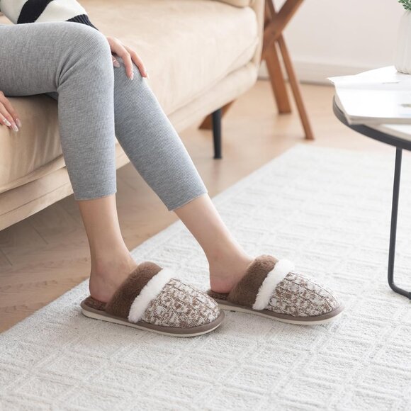 Women's Brown-White Cozy Comfy Memory Foam Slippers Slip-On Indoor House Shoes - Picture 4 of 6